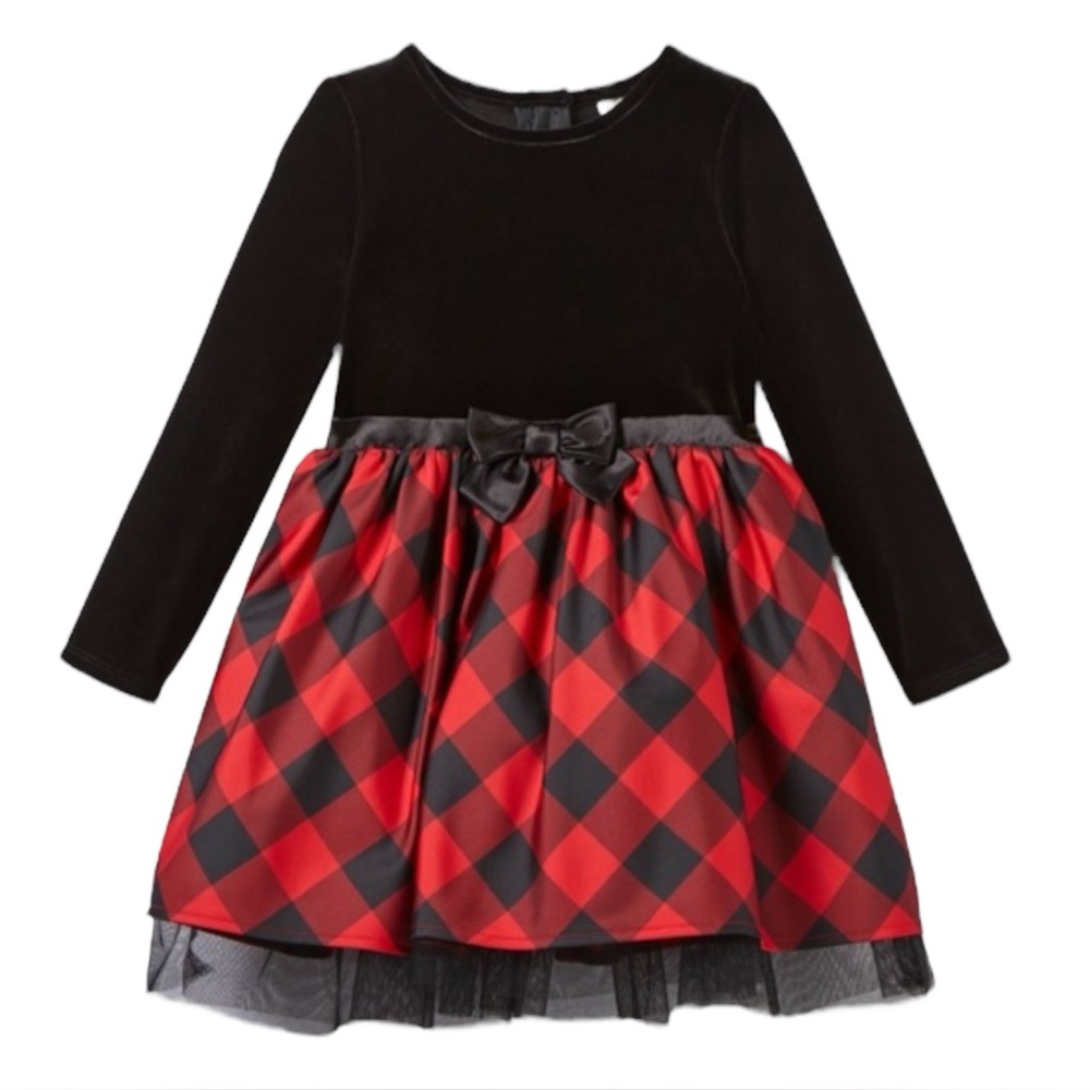 Cat & Jack Toddler‎ Girls Velour Buffalo Check LS Dress Tulle Trim Layers 2T